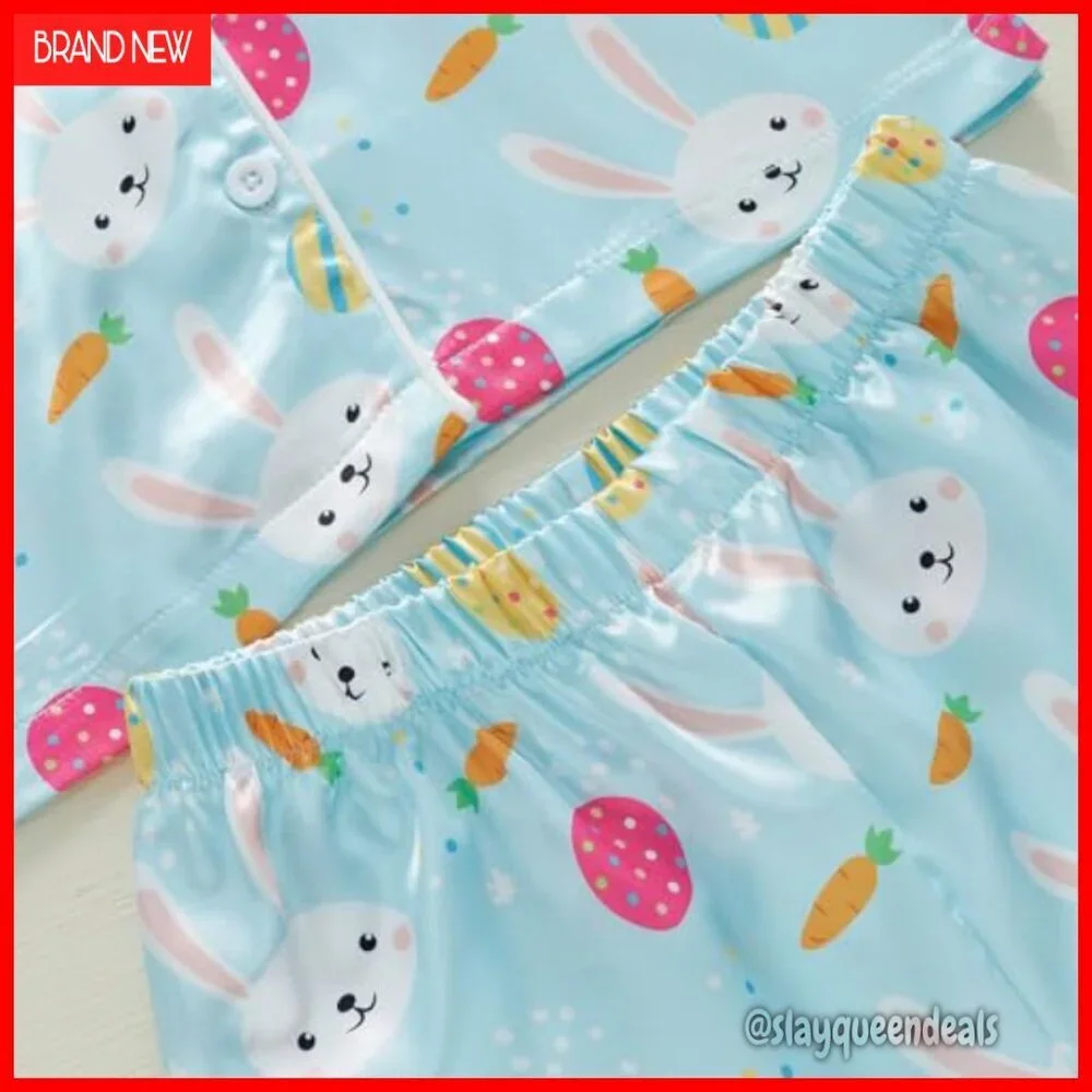 Toddler Easter Bunny Silk Pajama Set Short Sleeve Button Shirt Lounge Shorts